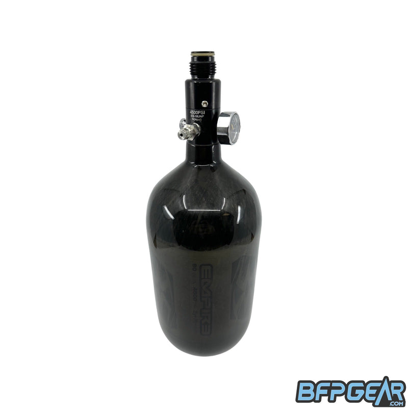 A photo showing the Empire Mega Lite air tank in a translucent smoke color with a basic regulator installed.