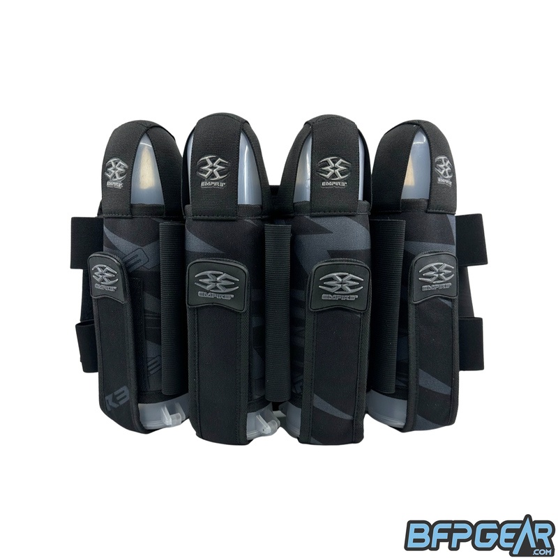 A picture showing the Empire Pro NXE Harness with four pods in the main pod sleeves, with 3 elastic sleeves in between them, and 4 elastic sleeves each side.