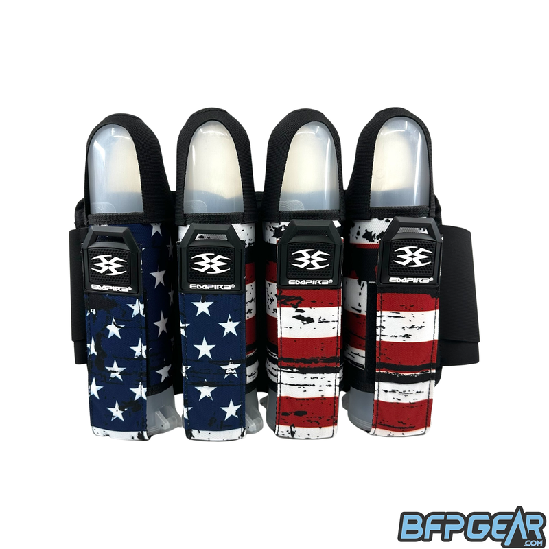 Pictured here is the Empire Omega harness in the USA Red, White, and Blue color way. Four strapped ejector sleeves are shown.
