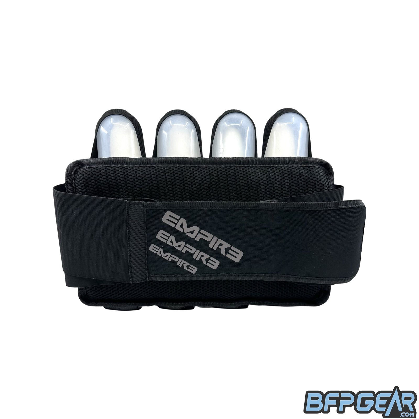 The two straps to hold the pod pack in place. This is on the Omega USA Distressed harness. The straps are black with light grey text that says Empire on the front.