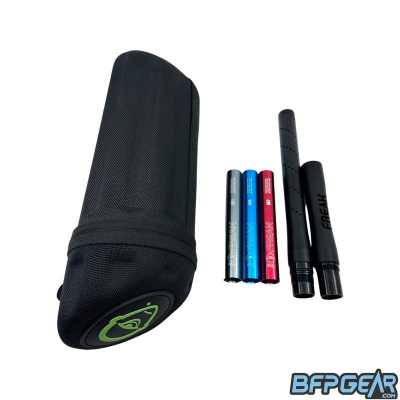 From left to right; the Freak JR hard case, three inserts, and the barrel front and barrel back. The case is a cylinder shape for easy storage and has a hard shell for protection. This kit comes with three inserts, .691, .689, and .687. Lastly on the right hand side are the barrel front and barrel back. The barrel front has spiral porting and when threaded into the back, totals 14 inches in length.