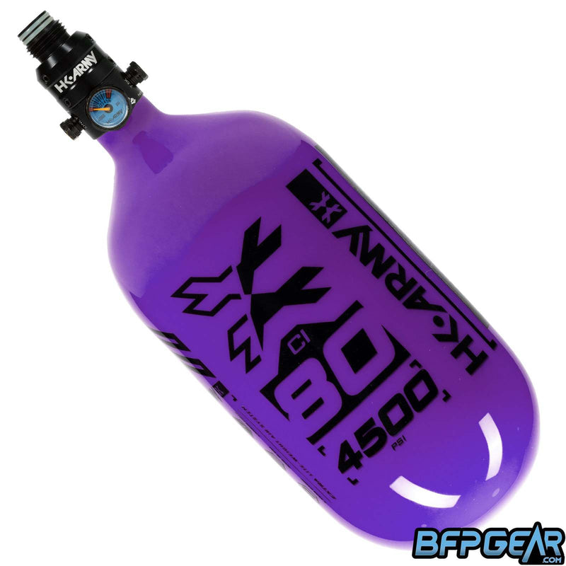 The HK Army 80ci Air Tank with the Pro regulator. The air tank is purple with black text.