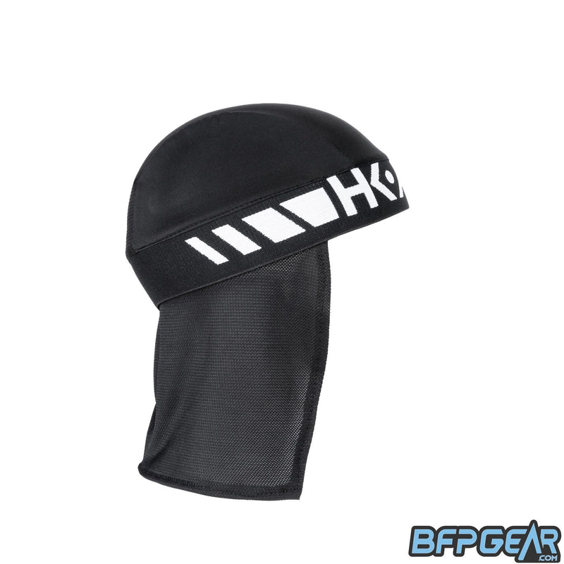 Side view of the Skull Cap. Mesh lining drapes down the back of the neck to help keep you warm in the cold weather, or to block the sun during hot weather. Elastic band to keep the skull cap secured on you for minimal to zero movement. The elastic band is black with white HK Army logo and a simple retro pattern.