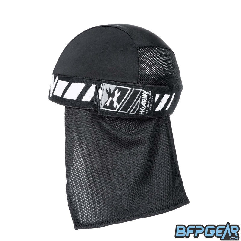 An angled view of the back of the skull cap. The elastic band secures firmly with velcro, and shows off an HK Army tag on the back. The mesh lining goes from the apex of the back of your head down over your neck for the best ventilation. The retro pattern goes all around the elastic band.