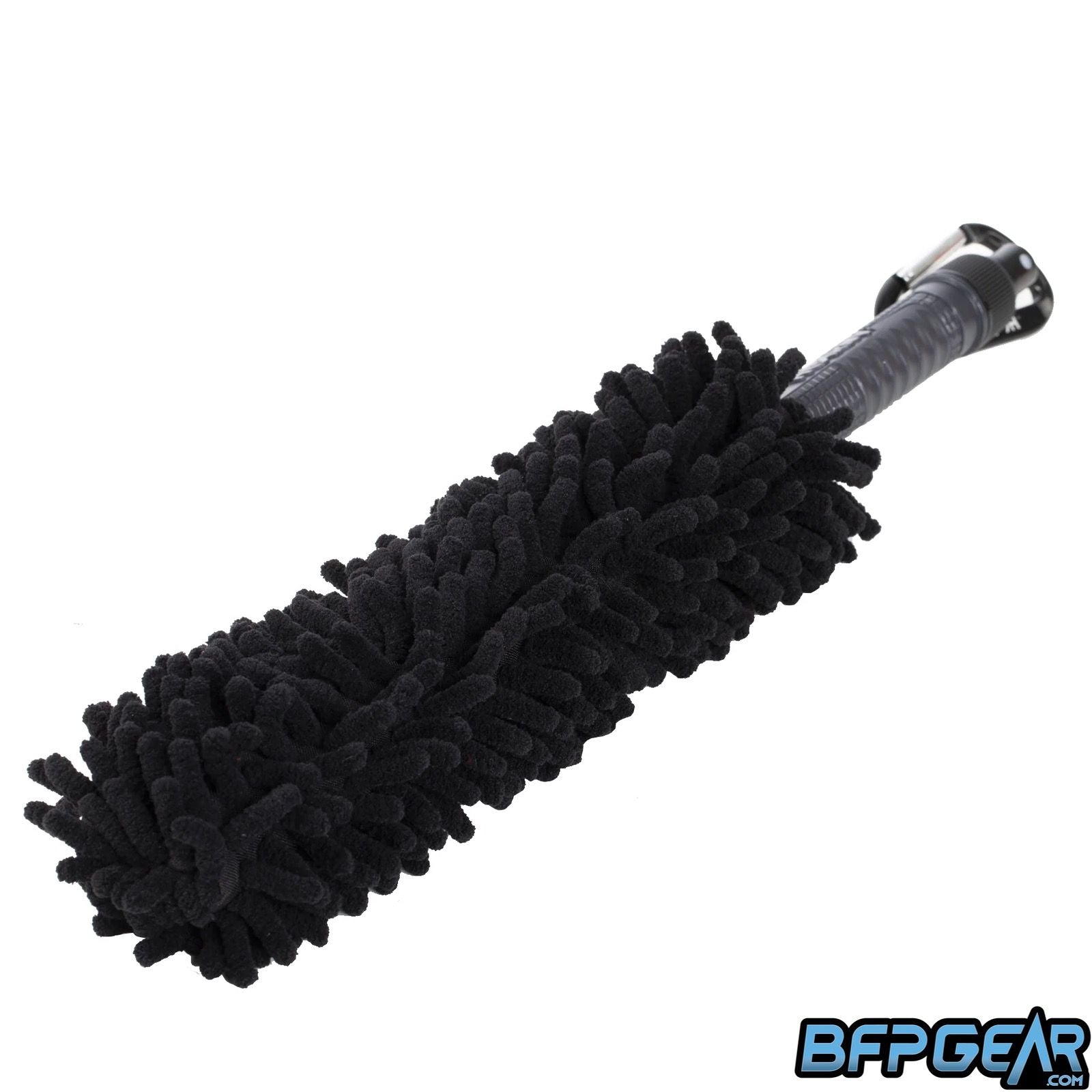 A photo of the HK Army pod swab in black. The fuzzy microfiber end is black, and the handle is dark grey with a black spray cap.