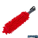 A photo of the HK Army pod swab in red. The fuzzy microfiber end is red, and the handle is dark grey with a black spray cap.