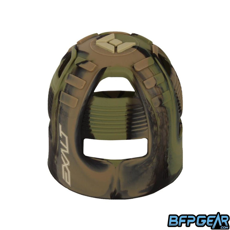 The Exalt Tank Grip in Jungle Camo. The pattern is a mix of olive, brown, and black in a swirl pattern. The top of the tank grip has Exalt's insignia on it.