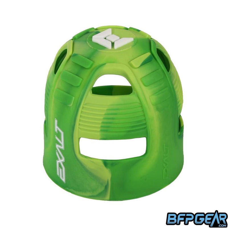 The Exalt Tank Grip in lime swirl. The pattern is a mix of green and bright green in a swirl pattern. The top of the tank grip has Exalt's insignia on it.