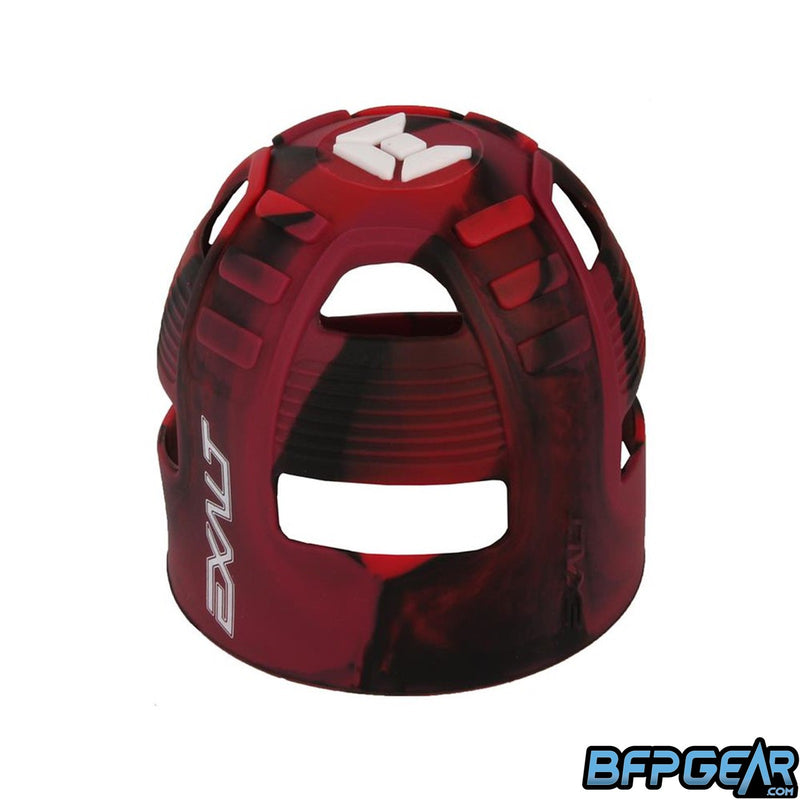 The Exalt Tank Grip in red swirl. The pattern is a mix of red and black in a swirl pattern. The top of the tank grip has Exalt's insignia on it.