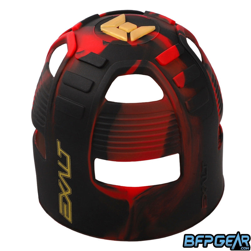 The Exalt Tank Grip in Regal. The pattern is a mix of red and black in a swirl pattern. The top of the tank grip has Exalt's insignia in gold on it.