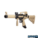 Angled view of the Tippmann Cronus Tactical paintball marker in tan and black, featuring a mock silencer, six-position collapsible stock, vertical foregrip, and carry handle with integrated sight.
